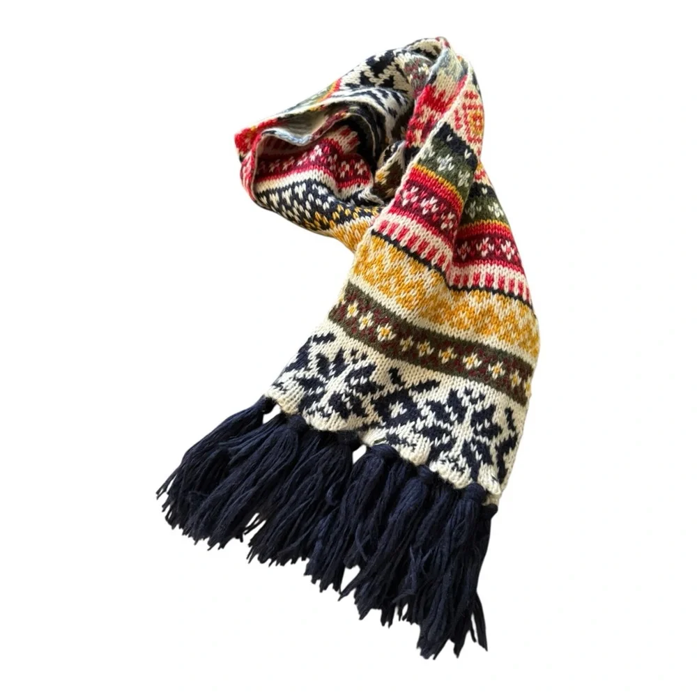 Old Navy Fair Isle Multicolor Knit Scarf 9”X 72” Navy Red Yellow Wool Nordic